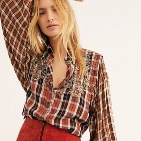 Free People Tops - Free People Shirt M Plaid Sequin Western Snow Top Mountains Copper Brown